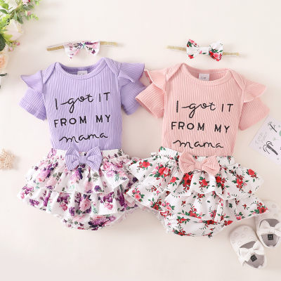 Baby Girl Letter Pattern Bodysuit & Floral Pattern Shorts & Headband