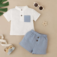 Baby Boy Color-block Pocket Decor Stand-collar T-Shirt & Shorts  White