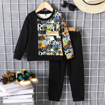 2-piece Toddler Boy Printed Letter Top & Solid Colored Pants