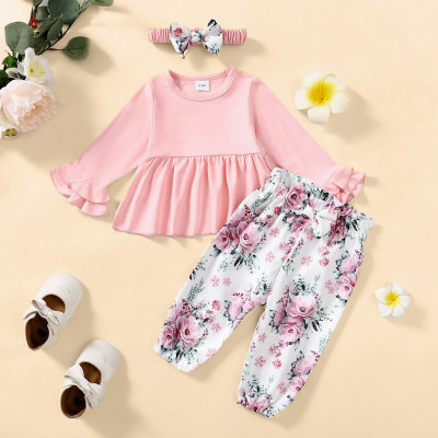 3-piece Baby Girl Solid Color Ruffled Long Flare Sleeve Top & Allover Floral Pants & Bowknot Headwrap