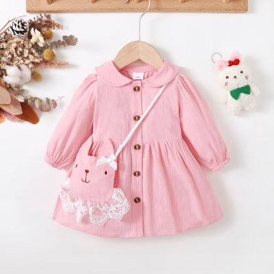 Baby Girl 2 Pieces Solid Color Long Sleeve Dress & Rabbit Embroidered Bag