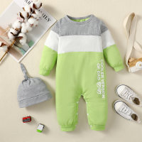 Baby Letter Printed Color-block Long-sleeved Long-leg Romper With Hat  Green