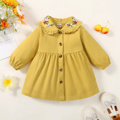 Baby Girl Pure Cotton Solid Color Floral Embroidered Lapel Button-up Long Sleeve Dress
