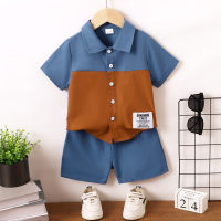 2-teiliges Patchwork-Kurzarmshirt mit Farbblockmuster und passenden Shorts für Kleinkinder und Jungen  Blau