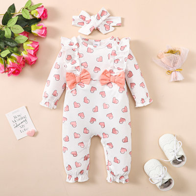 Baby Girl 2 Pieces Bow-knot Decor Heart-shaped Pattern Jumpsuit & Headband