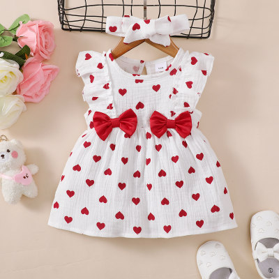 2-teiliges ärmelloses Kleid und Kopfbedeckung aus reiner Baumwolle für Babys mit Herzmuster und Bowknot-Dekor