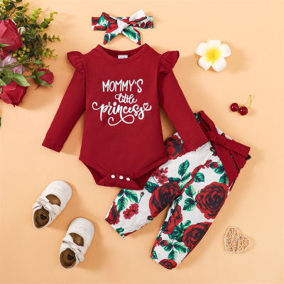 Baby Girl 3 Pieces "MOMMY'S little princess" Letter Pattern Bodysuit & Floral Pattern Pants & Headband Waistband for Autumn Spring