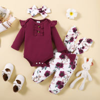 3-piece Baby Girl Solid Color Ruffled Button Front Long Fly Sleeve Romper & Ruffled Allover Floral Pattern Suspender Pants & Bowknot Headwrap  Burgundy