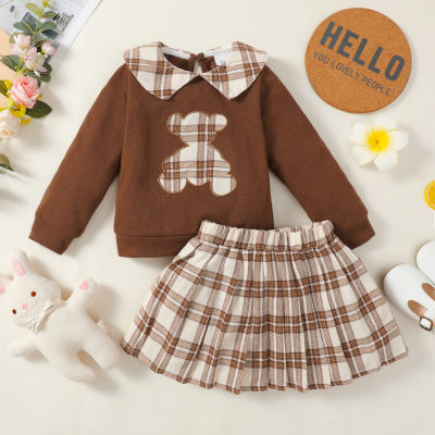 Toddler Plaid Bear Printed Ruffled Sweater & Pleated skirt
