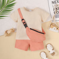 3-piece Toddler Boy Pure Cotton Solid Color Short Sleeve T-shirt & Matching Shorts & Crossbody Shoulder Bag  Beige