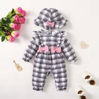 Baby Plaid Bowknot Decor Jumpsuit With Hat  Pink