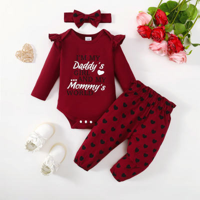 Baby Girl 3 Pieces Letter Graphics Bodysuit & Heart-shaped Pattern Pants & Headband