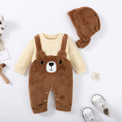 2-piece Baby Boy 2 in 1 Color-block Bear Style Plush Fleece-lined Long-sleeved Long-leg Romper & Solid Color Hat