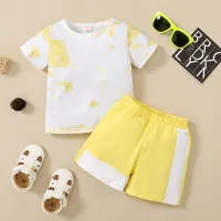 Toddler Boy Casual Cotton Letter Color-block Top & Pants Suit  Light Yellow