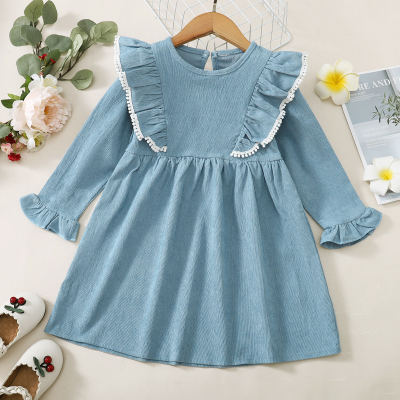 Toddler Solid Color Ruffled Long-sleeve Dress
