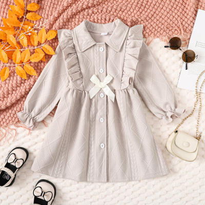 2-piece Toddler Girl  Solid Color Bow Embellished Lapel Buckle Long-sleeved Dress