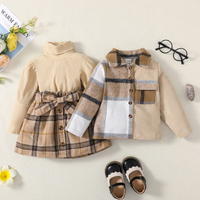 Brother and Sister Solid Color Ribbed Turtle Neck Top & Plaid Button Front Bowknot Decor Skirt & Plaid Patchwork Shirt