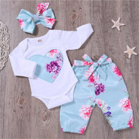 Baby Pretty Floral Long-sleeve Bodysuit & Pants With Headband  White