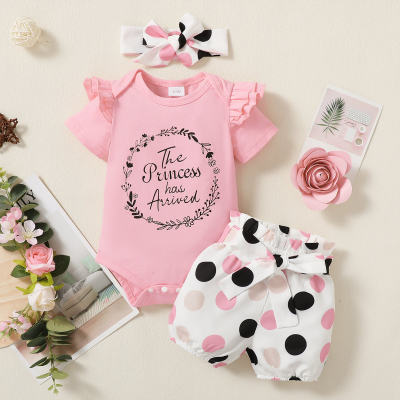 Baby Girl Letter Pattern Ruffle-sleeve Bodysuit & Polka dot Shorts & Headband