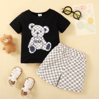 2-teiliges Kurzarm-T-Shirt für Kleinkinder mit kariertem Bärendruck und passenden Shorts  Schwarz