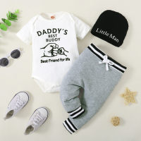 Baby Boy Letter Pattern Short Sleeve Bodysuit & Laced Pants With Hat  White