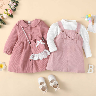 Brother and Sister Solid Color Lapel Button-up Long Sleeve Dress & Gigot Sleeve Top & Suspender Dress
