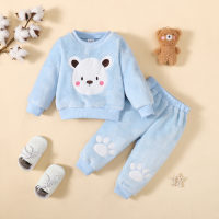 Baby Boy 2 Pieces Solid Color Bear Graphic Fleeced Sweater & Pants for Winter  Blue