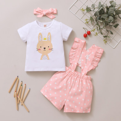 Baby Girl Polka dot Rabbit Pattern T-Shirt & Ruffle-suspender Shorts & Headband