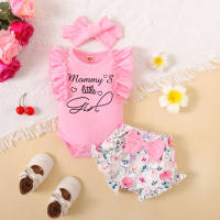 3-piece Baby Girl Ruffled Letter Printed Sleeveless Top & Allover Printing Bowknot Decor Shorts & Headwrap  Fuchsia