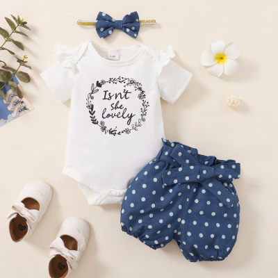 Baby Girl Floral Letter Pattern Bodysuit & Ruffle Decor Polka dot Shorts & Headband