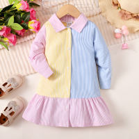 Toddler Girl Color Block Patchwork Button Long Sleeve Shirt Dress  Pink