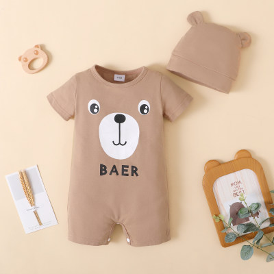 Pelele tipo bóxer de manga corta con estampado de letras estilo oso para bebé de 2 piezas y gorro infantil a juego