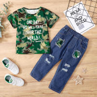Camouflage short-sleeved T-shirt, torn oil denim trousers two-piece set  Army Green