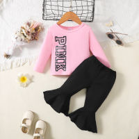 Baby Girl 2 Pieces Solid Color Letter Pattern T-shirt  & Flare Pants  Pink