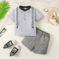 2-piece Toddler Boy Plaid Patchwork Short Sleeve T-shirt & Plaid Shorts  Gray