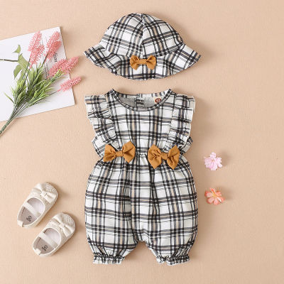 Baby Girl Plaid Pattern Ruffle Bow-knot Decor Romper & Sunhat