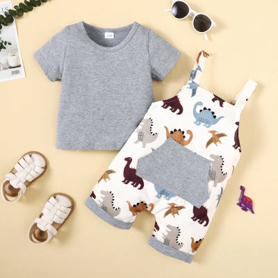 Camiseta de manga corta de color liso para bebé de 2 piezas y peto con estampado de dinosaurios