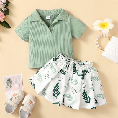 2-piece Toddler Girl Solid Color Lapel Short Sleeve T-shirt & Allover Floral Skirt