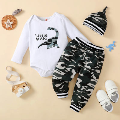 3-piece Baby Boy Letter and Dinosaur Printed Long Sleeve Romper & Camouflage Pants & Matching Infant Hat