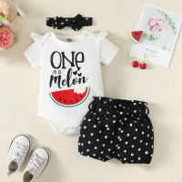 Baby Girl Watermelon Babysuit y diadema y Shorts de lunares  Negro