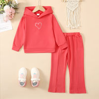 2-piece Toddler Girl Solid Color Love Print Hooded Top & Matching Flare Pants  Hot Pink