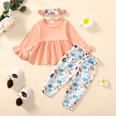 3-piece Baby Girl Solid Color Long Poet Sleeve Top & Allover Animal Printed Bowknot Decor Pants & Bowknot Headwrap