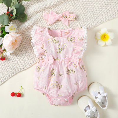 2-piece Baby Girl Allover Floral Pattern Ruffled Bowknot Decor Sleeveless Romper & Headwrap