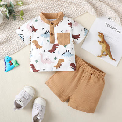 Camiseta de manga corta con estampado de dinosaurios para bebé de 2 piezas y pantalones cortos de color sólido