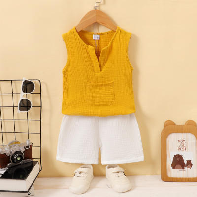 2-piece Toddler Boy Pure Cotton Solid Color V-neck Vest & Matching Shorts