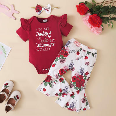 Baby Girl 3 Pieces Letter Floral Pattern Bodysuit & Pants & Headband