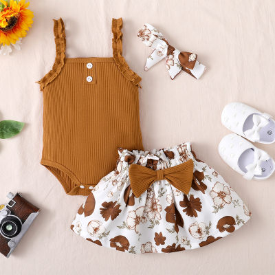 Body uni et jupe et bandeau à motif floral pour bébé fille