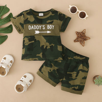 Toddler Boy Letter Camouflage Patchwork Print Top & Shorts