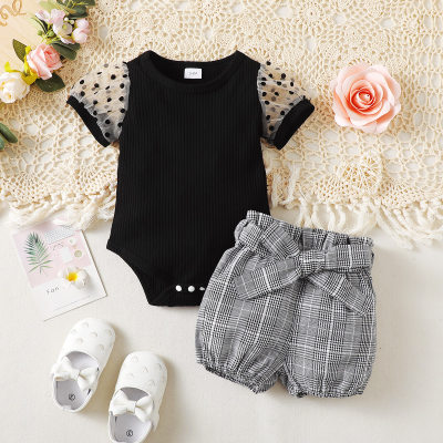 3-piece Baby Girl Polka Dotted Mesh Patchwork Short Sleeve Romper & Plaid Shorts