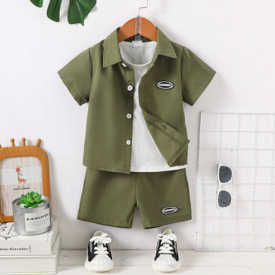 2-piece Toddler Boy Solid Color Letter Pattern Short Sleeve Shirt & Matching Shorts